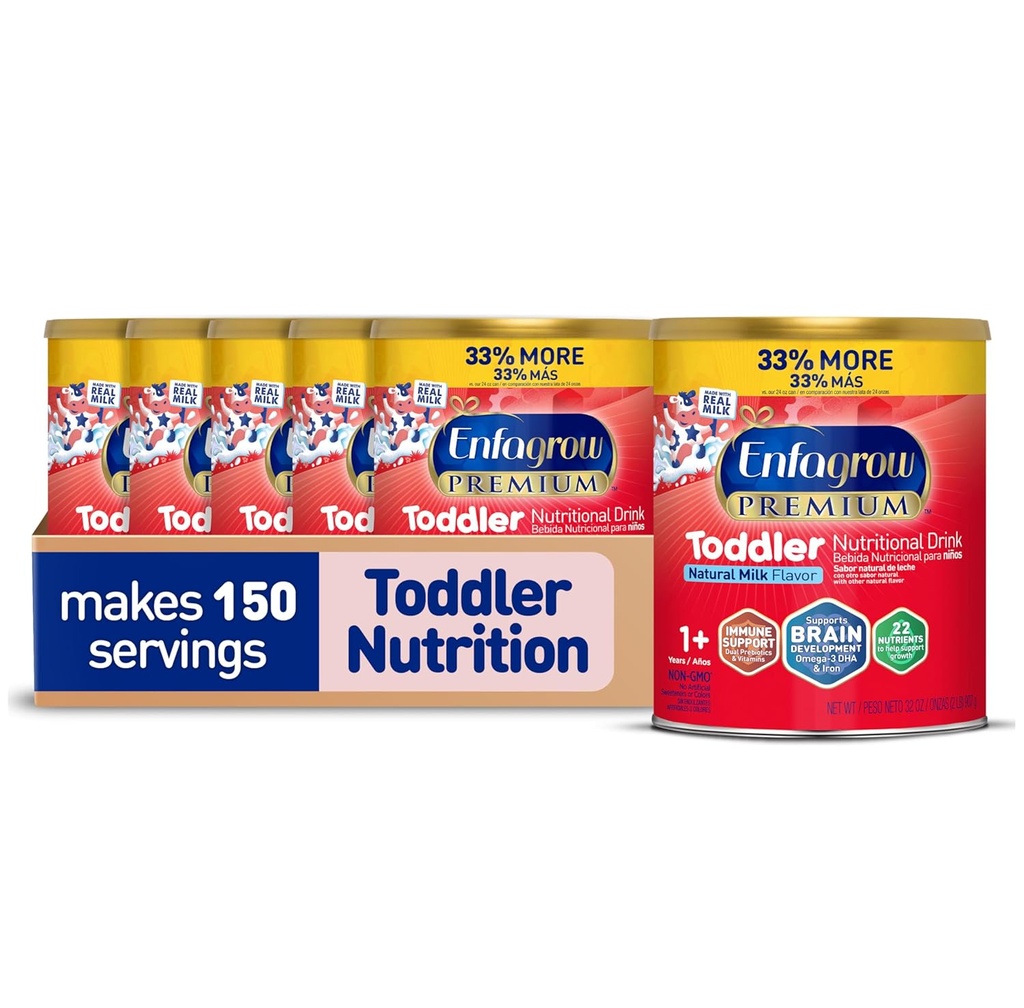 Enfagrow PREMIUM väikelaste toitumisjook, valmistatud tõelisest piimast, aju-ehitav oomega-3 DHA, toitained ja prebiootikumid kasvuks ja immuunsuse toetamiseks, mitte-GMO, väikelaste piimapulber, 32 Oz Can, 6 loend