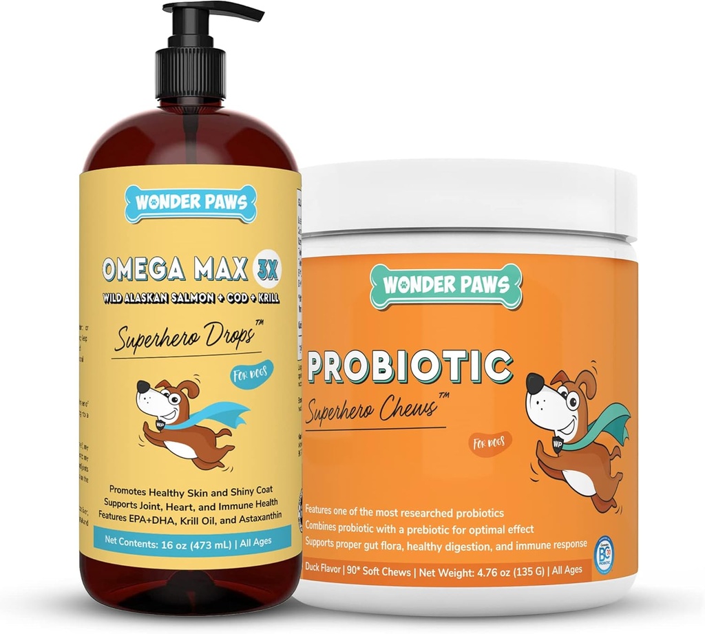 Omega Max Fish Oil Plus Probiootikumid - koerte liigeste tervise, naha niiskuse, soolestiku tervise ja igapäevase heaolu jaoks - Omega Max 16 Ounces - probiootiline 90 närimist