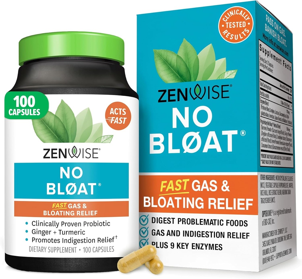 Zenwise Health No Bloat Seedeensüümid Soolestiku Tervise, Gaasi Ja Puhumise Abiks - Multi Ensüümid Seedetrakti Täiendus Probiootikumid, Ingver, Kurkum Dandelion & Laktaasi - Mehed Ja Naised - 100 Count