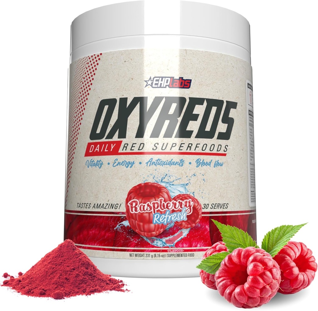 EHP Labs OxyReds Superfood Beets Pulber - lämmastikoksiidi lisand, orgaaniline peedi juurepulber, immuunsuse tugi täiendus ja prebiootikumid seedetrakti tervise jaoks, peedipulber - vaarika värskendamine, 30 serveerimist