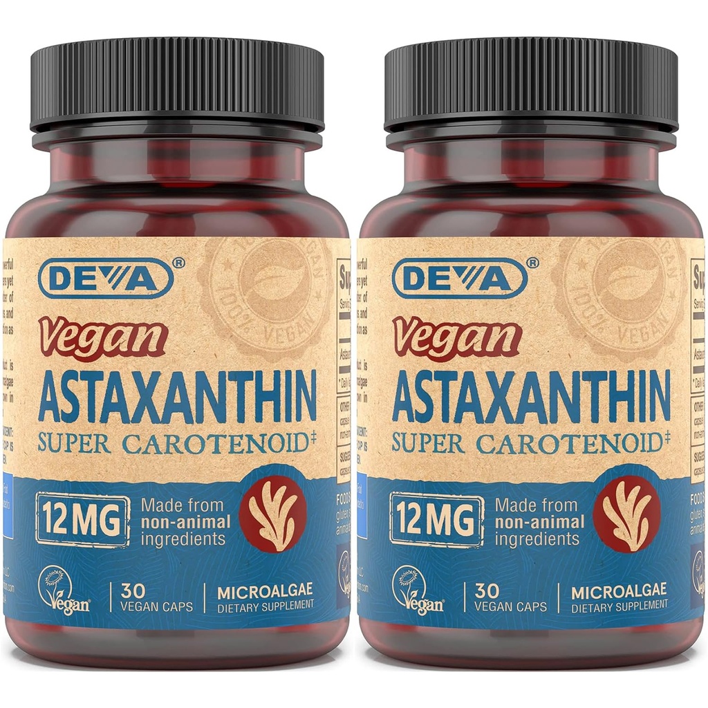 DEVA Vegan Astaksantiin 12mg Kapslid 2-Pack – Vaba-Radical Scavenging Karotenoid Valmistatud Mikrovetikad, 30 Count Ea