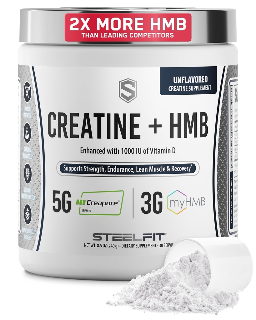 SteelFit Kreatiin HMB pulber - 5 g Kreaturiini monohüdraat pulber, 3 g myHMB ja 1000 IU D-vitamiin - treeningu täiendus toetab lihaste kasvu, tugevust, taastumist ja energiat - maitsestamata, 30 serveerimist