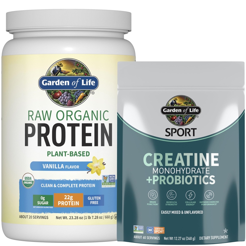 Eluaed Protein & Kreatiin Bundle - Vegan Vanilla Valgu Pulber 20 Servings BCAAs, Probiootikumid & Ensüümid + Kreatiin Monohüdraat Pre Workout 60 Servings for Lihas-, Tugevus ja Performance