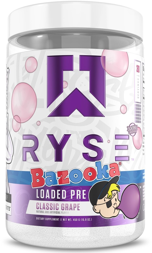 RYSE Laaditud enne treeningut pulber - Bazooka viinamarjad - igapäevane eeltöö meestele ja naistele 390mg kofeiini, beeta-alaniin ja tsitrulliin pumba, fookuse ja energia jaoks - 30 serveerimist
