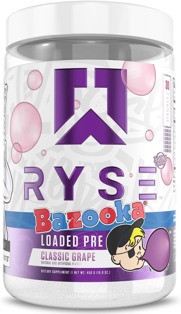 RYSE Loaded Pre Workout Powder - Bazooka Grape - Daily Pre-Workout for Men & Women with 390mg Caffeine, Beta Alanine, and Citrulline for Pump, Focus, and Energy - 30 Servings