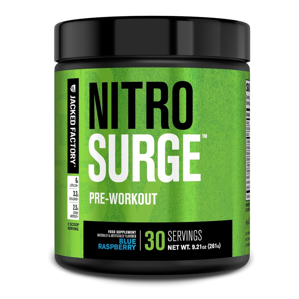 Jacked Factory NITROSURGE Pre Workout Supplement - Energiatugevdaja, Kiirtugevdus Kasum, Selge Fookus Ja Intensiivsed Pumpad - NO Booster & Powerful Preworkout Energiapulber - 30 Servings, Blue Vaarika