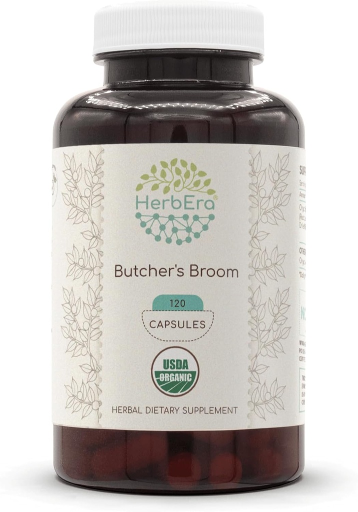 HerbEra Butcher's Broom USDA Organic 120 kapslid | Natural Herbal Supplement | Certified Organic Vegetarian Capsules and Organic Licher's Broom (Ruscus aculeatus) Kuivatatud Juur (120 kapslit)