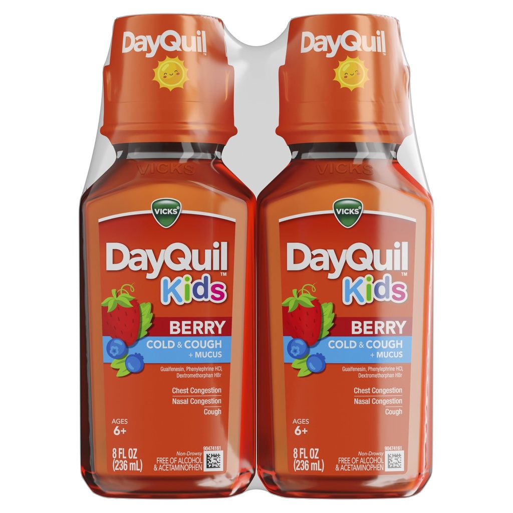Vicks Kids DayQuil Berry Cold & Cough Medicine Co-Pack, Daytime Relief of Multiple Symptoms, Great-maitsev Berry Maitse, vaba alkoholist ja atsetaminofeenist, vanuses 6+, 2x8oz