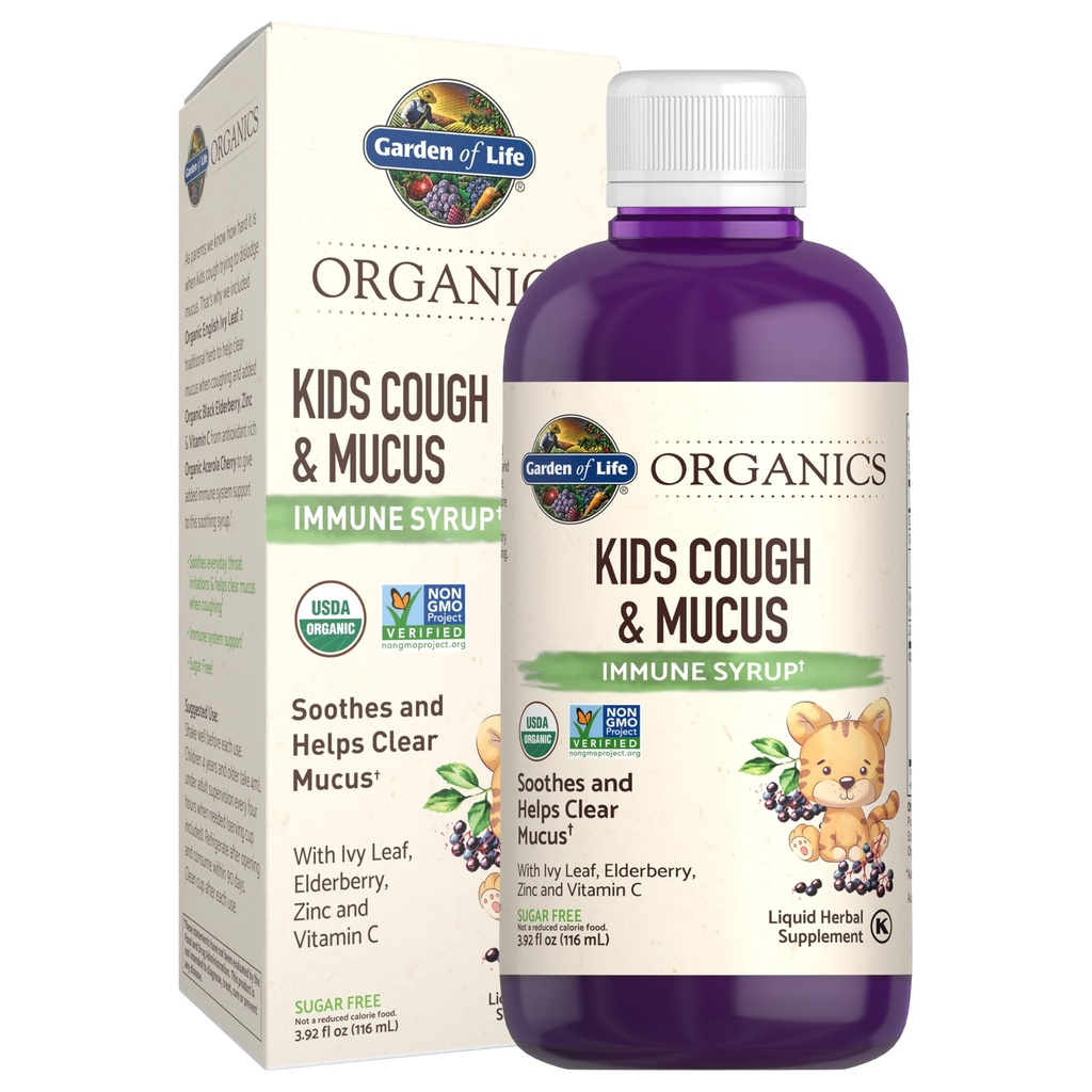 Eluaed Orgaanika Elderberry & Tsink laste immuunsuse toetamiseks, Kids Cough & Mucus Immune Syrup Ivy Leaf, C-vitamiin ja Echinacea lastele, alkoholivabad, Lisatud suhkrud, 3.92 fl oz