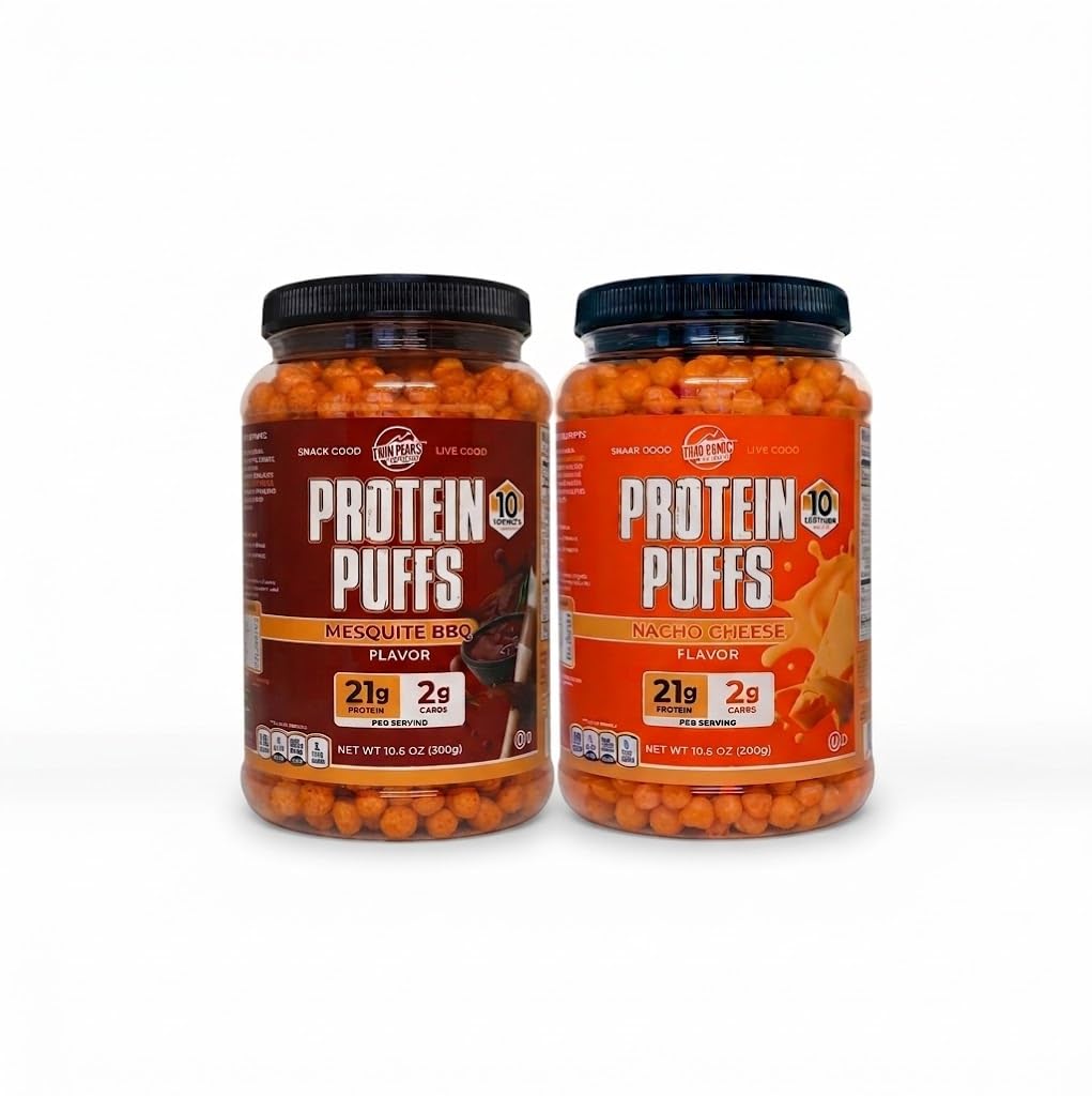 Twin Peaks Protein Puffs Variety Pack (Nacho Cheese & Mesquite Barbecue) – Keto Sõbralik, Low Carb Snack (300 g iga), 21 g valku, 2 g Net Carbs, Crunchy High-Protein Snack