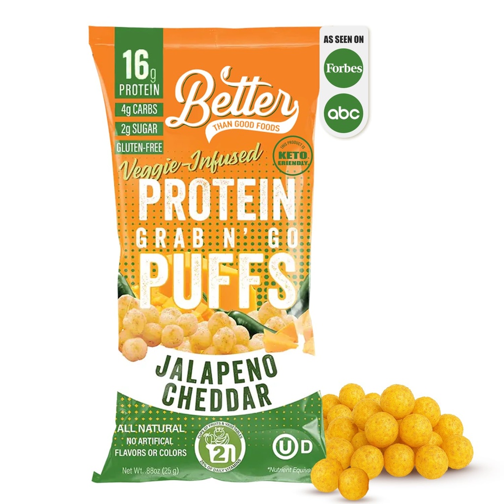 Parem kui hea Savory Keto Jalapeno Cheddar Protein Puffs | Gluteenivaba -16 g valku, madalat suhkrut, madala kalorsusega, diabeeti sõbralikud suupisted | Madala süsivesikusisaldusega, terved lapsed suupisted | Kunstlike maitseteta (12-Pack)
