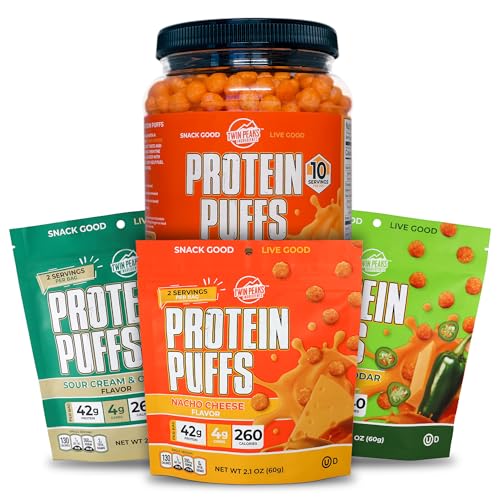 Twin Peaks Low Carb, Keto Friendly Protein Puffs, 3 kotti sorteeritud Maitse Puffs + 1 Jug Nacho Juustu Maitse Puffs