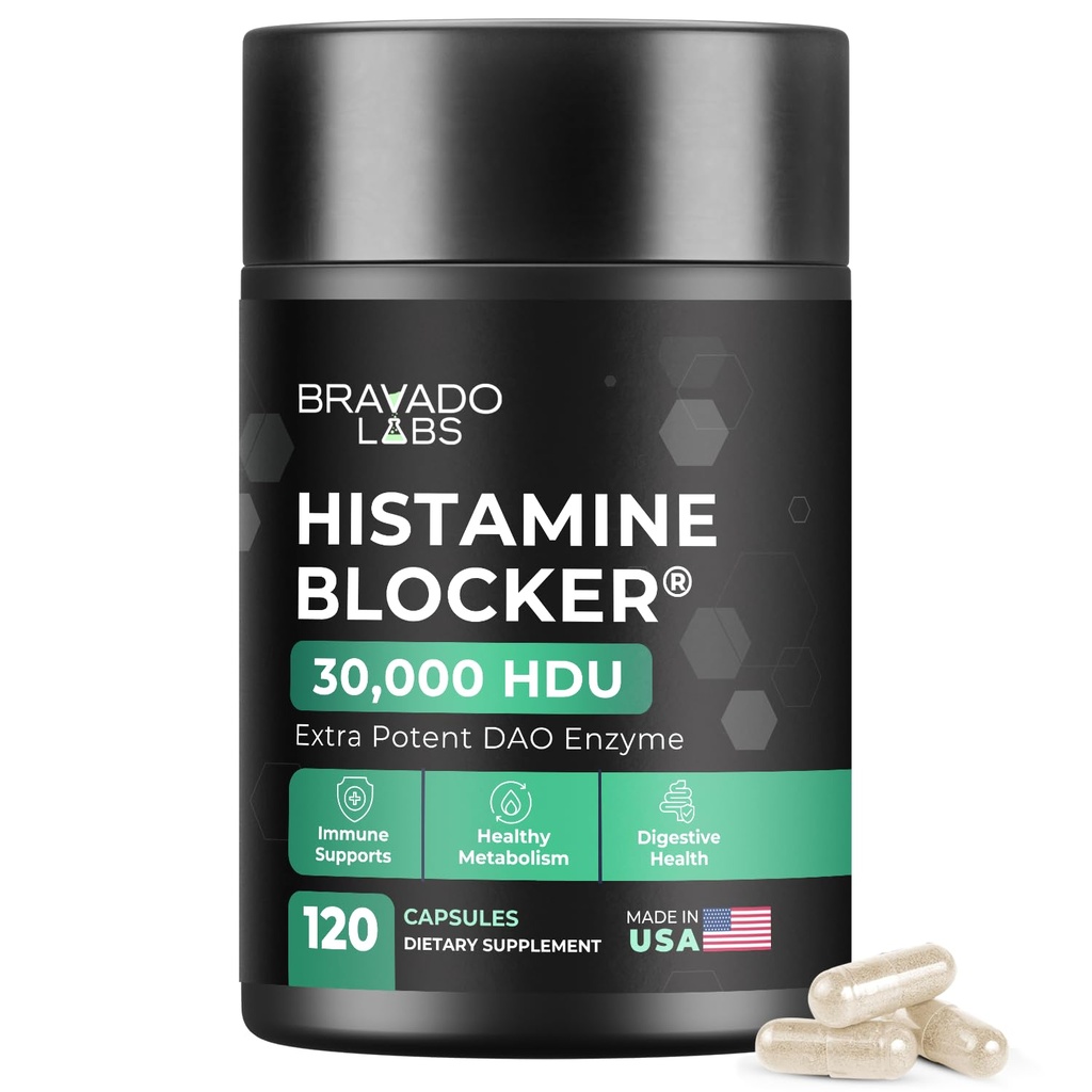 Bravado Labs DAO Supplements Histamiini Blocker - Extra Tugevus 30 000 HDU DAO Ensüüm + Diamine Oksüdaas & C-vitamiin igapäevaseks histamiini metabolismiks ja immuunsuse toetamiseks - 120ct