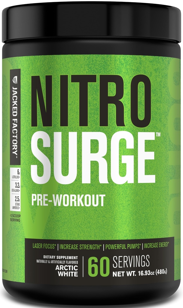 Jacked Factory NITROSURGE Pre Workout Supplement - lõputu energia, kiire tugevus kasu, selge fookus, intensiivsed pumbad - NO Booster & Powerful Preworkout Energy Powder - 60 Servings, Arctic White