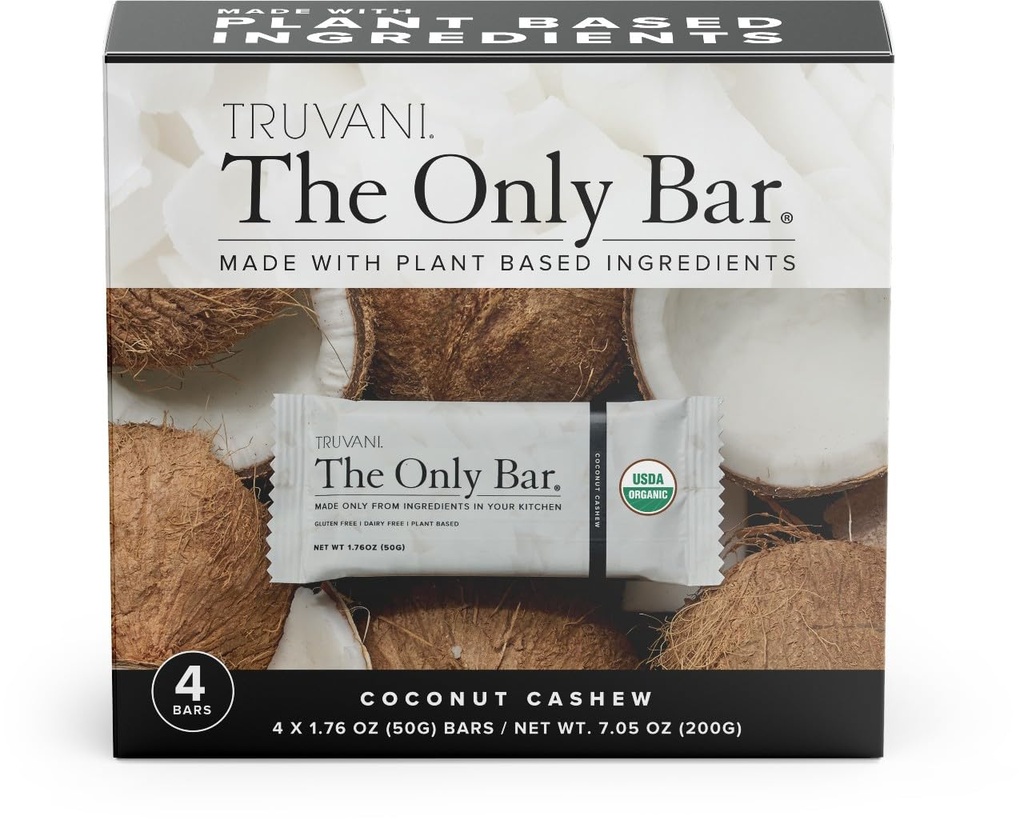 Truvani taimepõhised snack baarid | Coconut Cashew 4 Pack | 5g valk | USDA orgaaniline ja vegan | Ainus baar | Piima-, soja- ja gluteenivaba | Individuaalselt pakitud