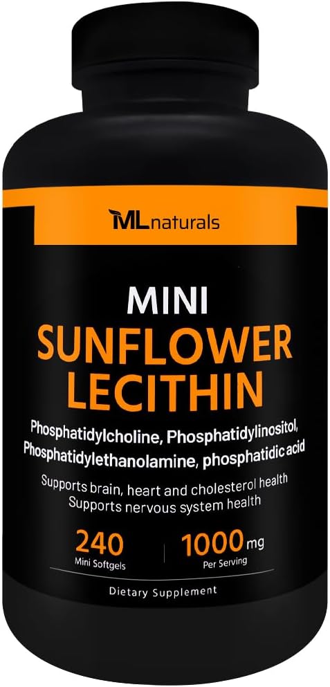 ML Naturals Mini Päevalilleletsitiin 240 Softgels. Fosfatidüülkoliin, fosfatidüüllinositool, fosfatidüültanoolamiin, fosfatiidhape, NSF-sertifitseeritud ja cGMP-le vastav