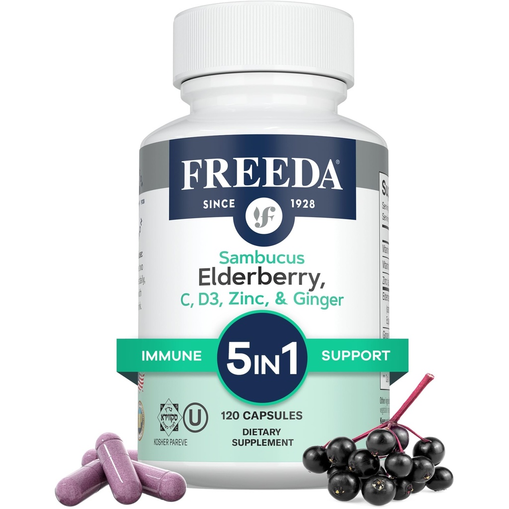 FREEDA Sambucus Elderberry koos C-vitamiini, tsingi, D3-vitamiini ja ingveriga - 5 in 1 Taimsed antioksüdandid Immuunsüsteemi lisand naistele ja meestele - Gluteenivaba Täiskasvanud Elderberry kapslid, USA Made (120 Count)