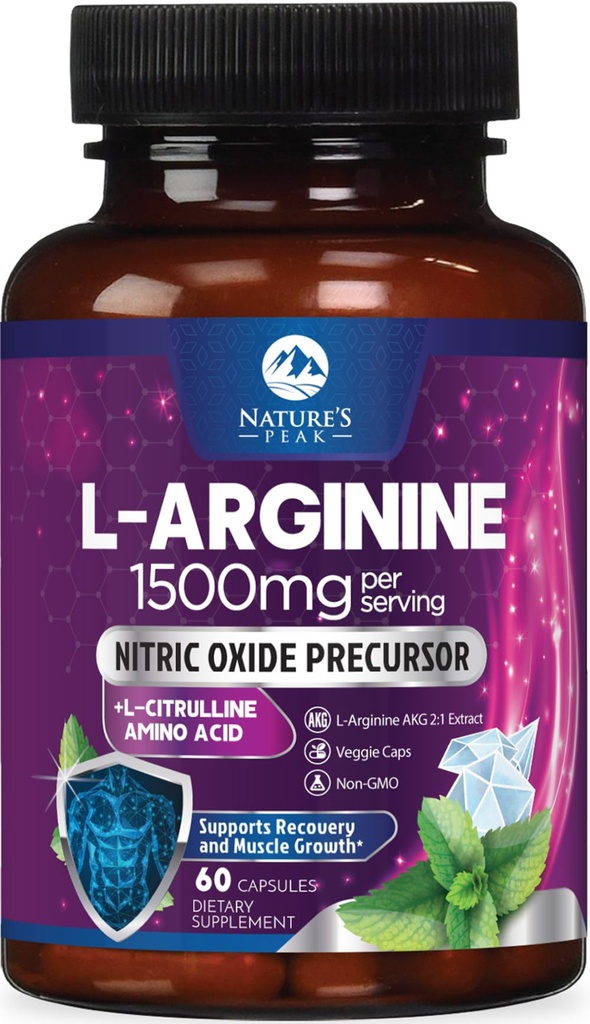 L-arginiini kompleks - ekstra tugevusega lämmastikoksiidi lisand - Premium energia segu loodusliku südame tervise ja lihaste toetamiseks - mitte-GMO, valmistatud meestele ja naistele, pudelis USA - 60 kapslit