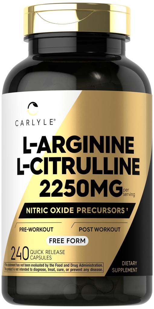 Carlyle L-arginiin L- tsitrulliini täiendus | 2250mg | 240 pulbrikapslid | lämmastikoksiidi lähteained | Vaba vorm | Mitte-GMO & Gluteenivaba