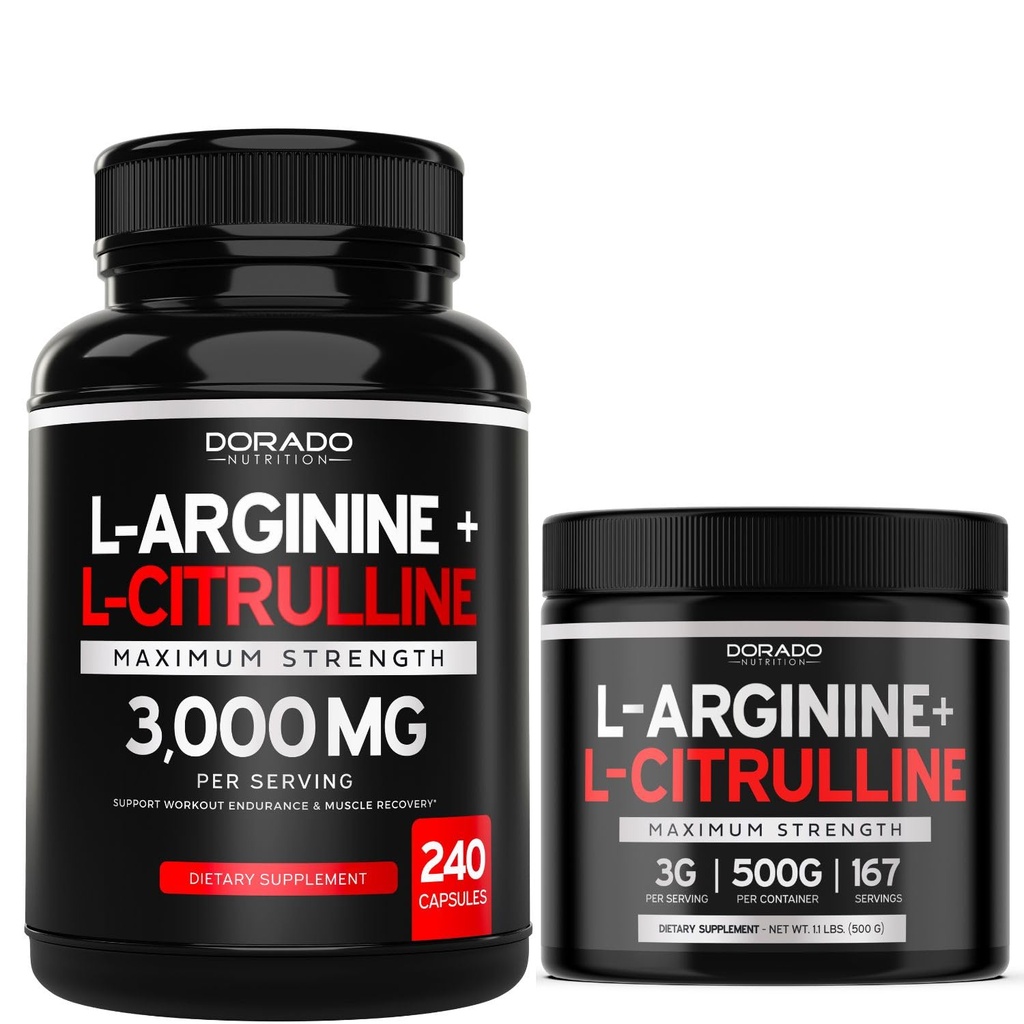 L Arginine L Citrulline (240 Count) - lämmastikoksiidi pillid vastupidavuse ja vastupidavuse ja L Arginiin L tsitrulliinpulber (3 g) - Lämmastikoksiidi võimendaja pulber jõudluse ja vastupidavuse - Vegan & USA Made