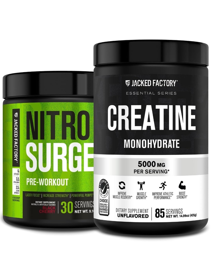 Jacked Factory Nitrosurge Preworkout Black Cherry & Kreatiin Monohüdraat meestele ja naistele