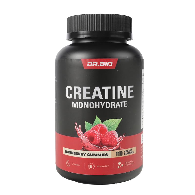 DR.BIO Kreatiinmonohüdraat Kummid energia ja lihaste toetamiseks, Pre-Workout kompleks kreatiini naistele ja meestele 5000mg kreatiini, L-Tauriin, B12, Mg ja K, Vegan, Red Vaarika, 110 krahv