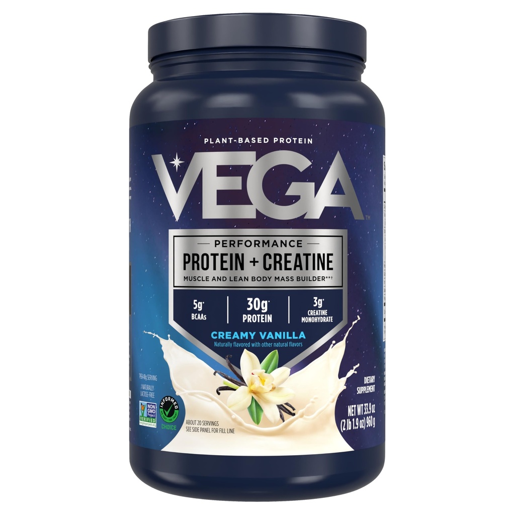 Vega valk + kreatiin - 30 g taimepõhist valku, vanilje, 20 serveerimist, 3 g kreatiini, 5 g BCAA-sid, Vegan, Keto, Gluteenivaba, piimavaba, madal süsivesik, lihaste kasvatamiseks ja parandamiseks, joogisegu, 33,9oz