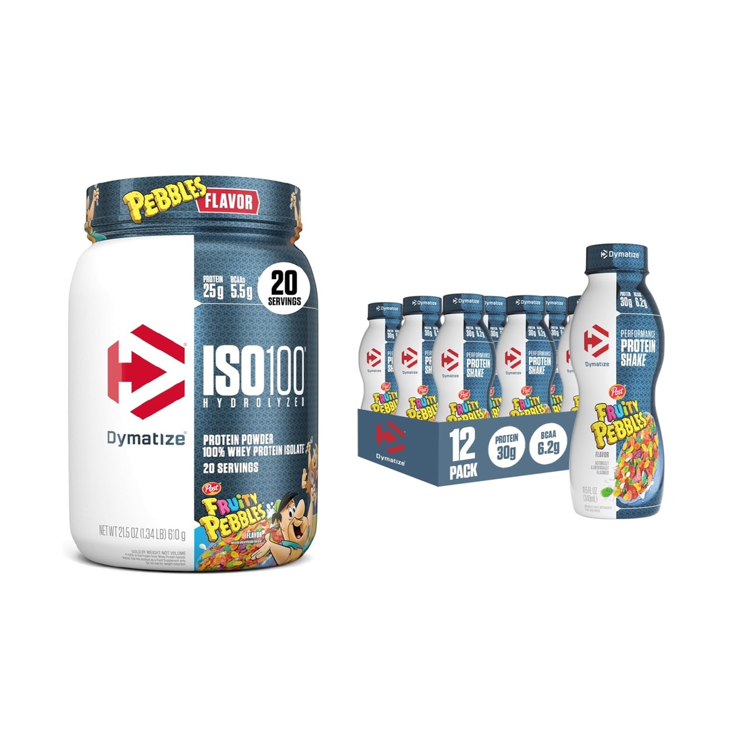 Bundle of Dymatize Performance Protein Shake, Fruity Pebbles (12 pakki) + ISO100 Vadakuvalgu pulber Isolaat, Fruity Pebbles (20 Servings)