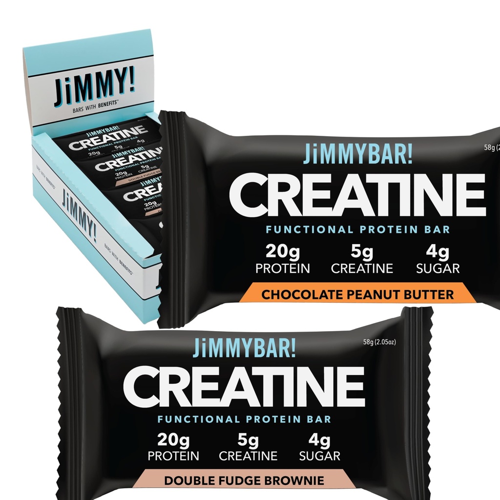 (Uus) JiMMYBAR! Kreatiinvalgu baar - 5 g kreatiini monohüdraati + 20 g valku - kõrge valgusisaldus - toetab lihaste kasvu, tugevust ja taastumist - tõeline toiduenergia baar sportlastele | 12 šokolaadi maapähklivõi + 12 fudge Brownie sordipakk (24 baari)
