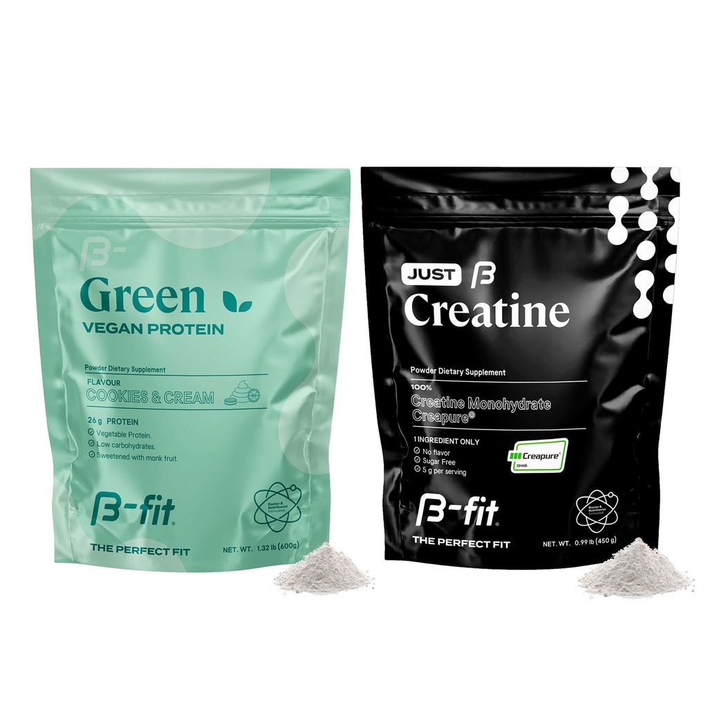 B-FIT B Veganvalk + Just Kreatiin - Hernevalgupulber 600 g - Taimne valgukoksitus - Kreatiinmonohüdraat Pulber - Kreapur - 90 Servingut - 450 g
