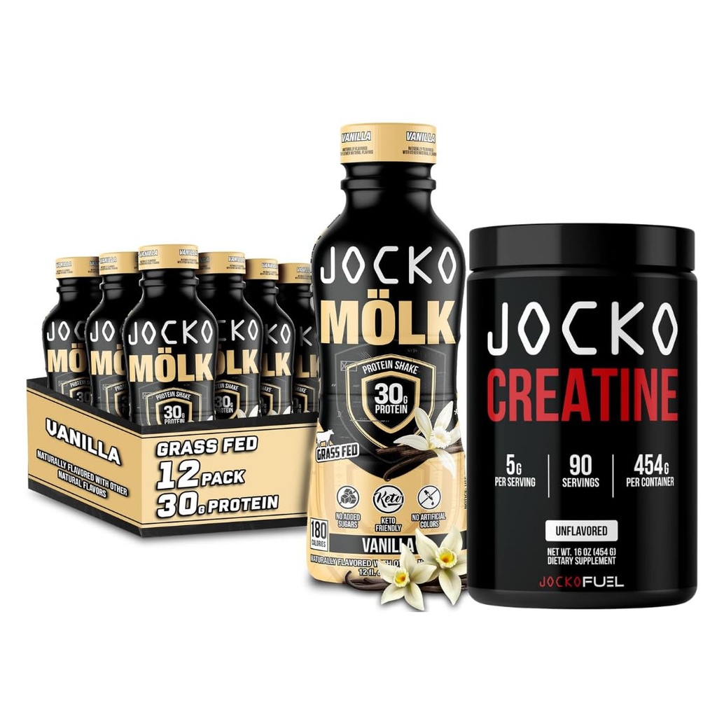 Jocko Mölk Rohirohi Fed Protein Shakes - valmis jooma (12. pakk) Vanilla + Jocko Kreatiin