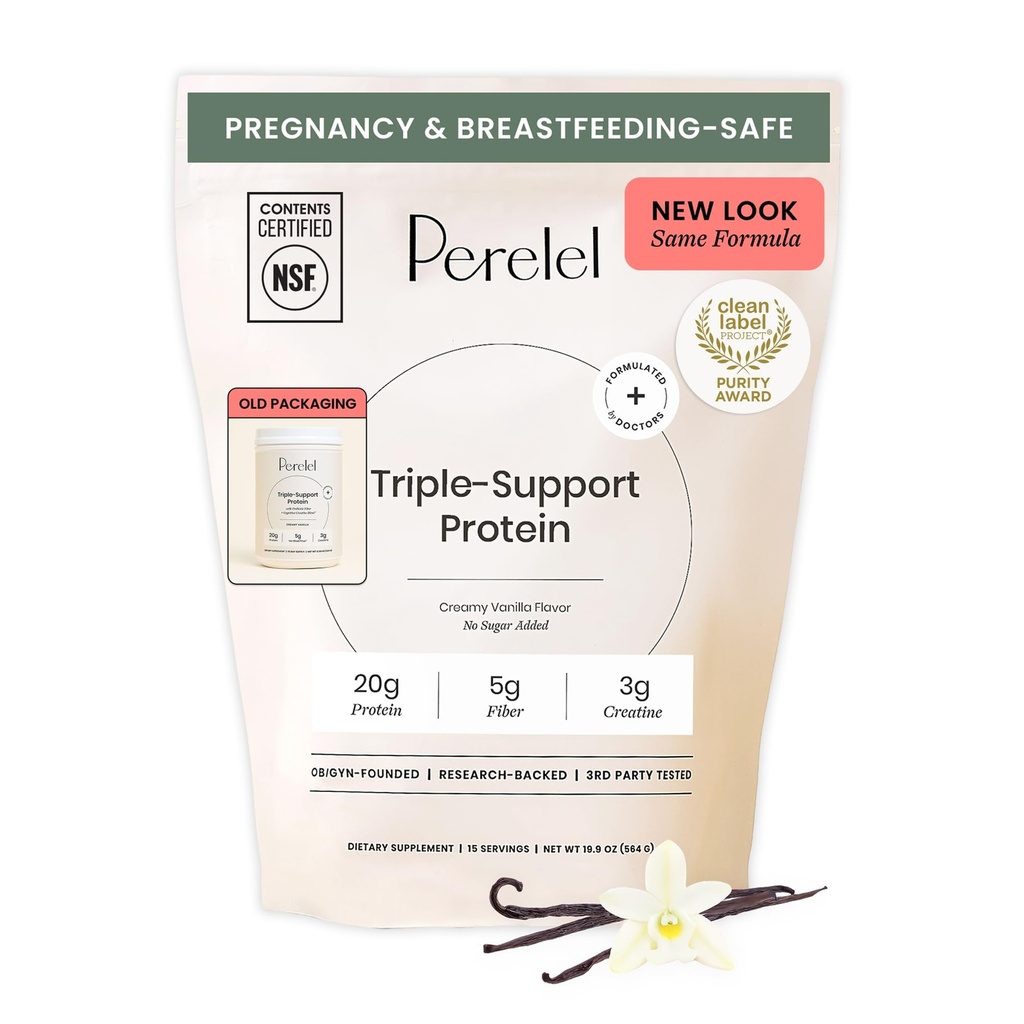 Perelel Triple-Support Plant Based Protein Powder, Creamy Vanilla, 20g Vegan Protein Pulber, 3g Kreatiin Monohüdraat, & 5g Prebiootiline Fiber Serving, Piimavaba, Suhkrulisandita, 15-päevane pakkumine