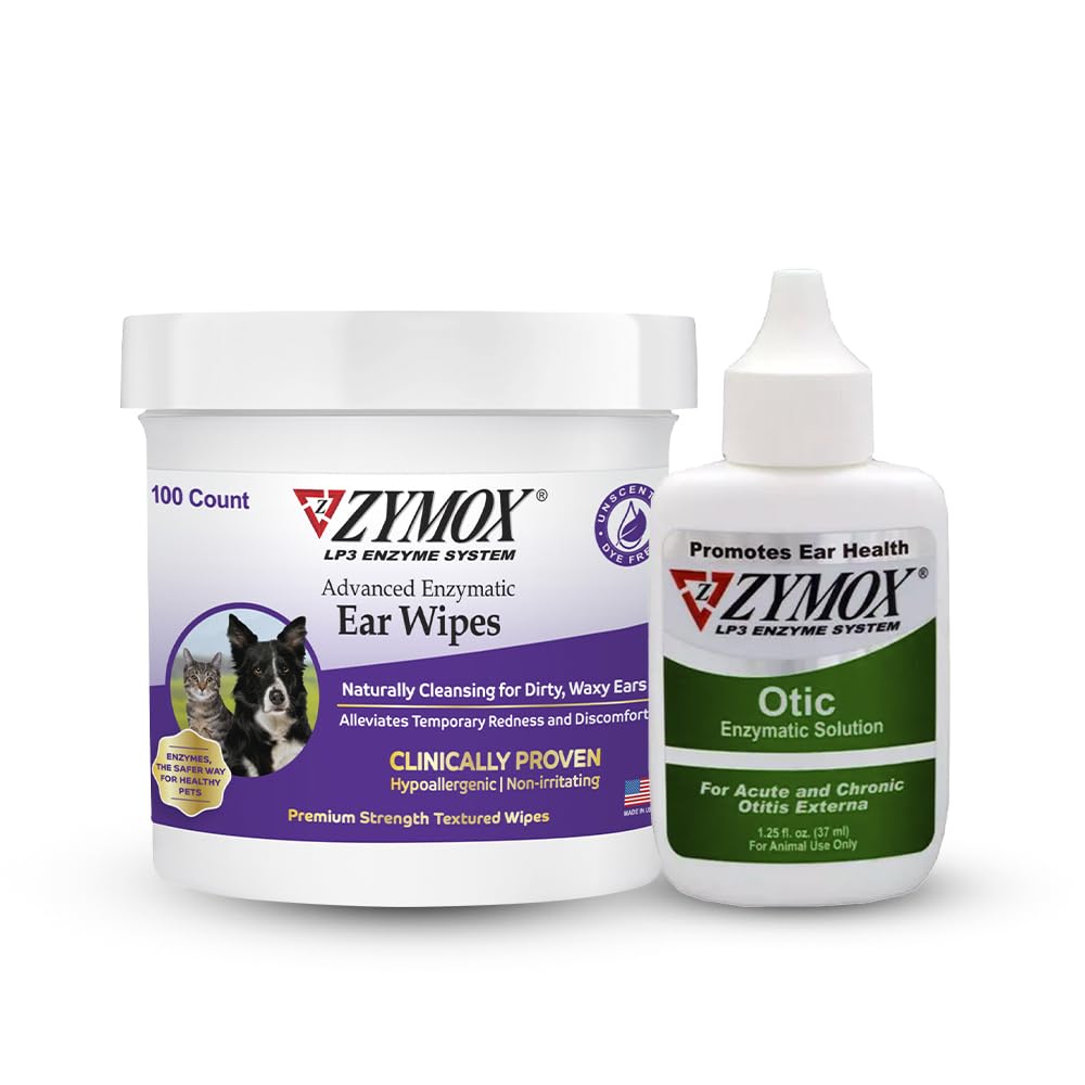 PET KING BRANDS ZYMOX Ensümaatilised kõrvapuhastused & Otic lahus Hüdrokortisoon Tasuta koertele ja kassidele - tootekomplekt - mustuse, vaha, haisvate kõrvade ja nakkuste leevendamiseks, 100 loend pühkimist & 1.25oz Pudel