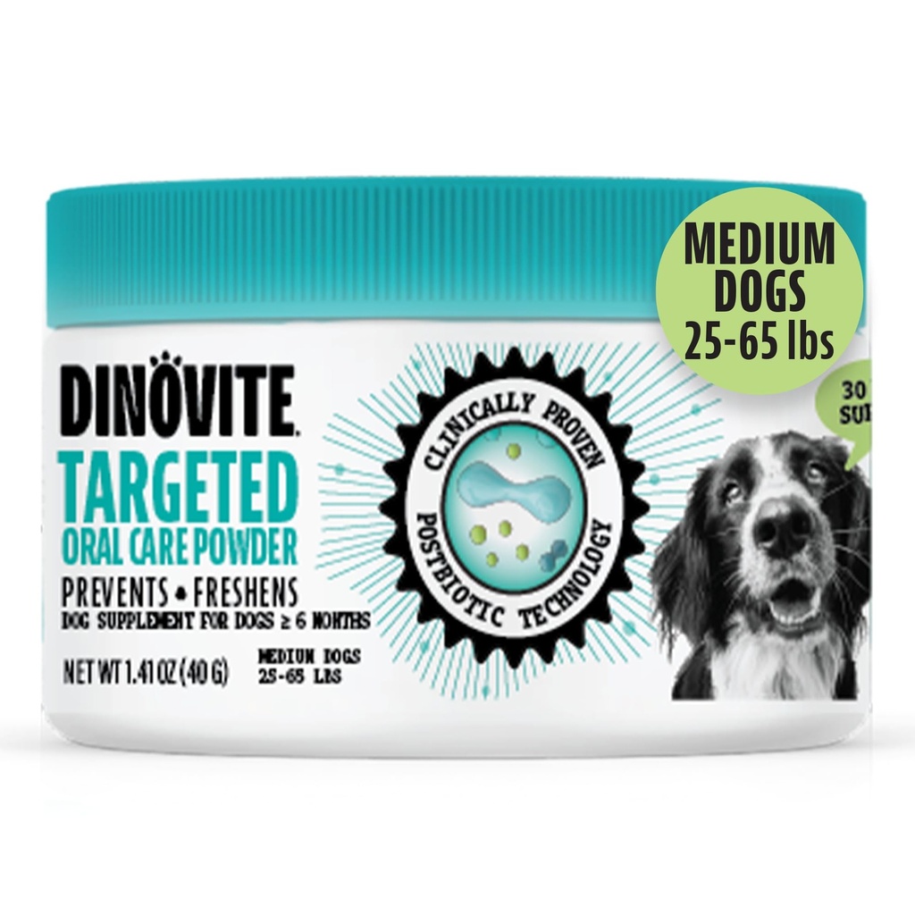 Dinovite Dog Hambaravi Pulber, Brush-Free Breath Freshener & Hammaste puhastamine Hambaravi Pulber probiootikumide ja postbiootikumidega, Suuhooldus Halva Hingamise Ravi, Keskmised Koerad, Made in USA, 30 päeva pakkumine