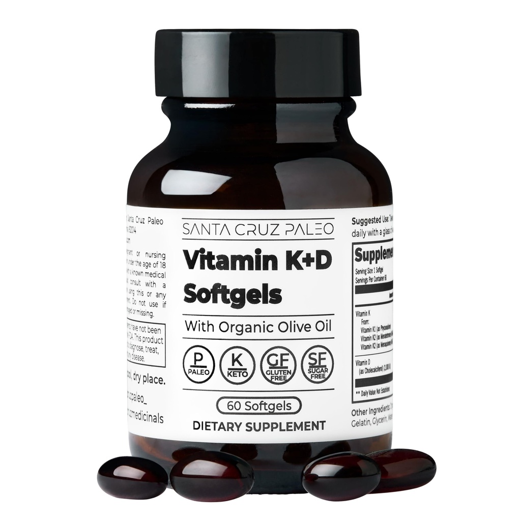 Santa Cruz Paleo vitamiin K2 + D3 Softgels, igapäevane toidulisand orgaanilise oliiviõliga, sisaldab K1-vitamiini ja kahte K2-vormi, toetab südame ja luu tervist, gluteenivaba, suhkruvaba, Paleo, Keto, 60 krahv
