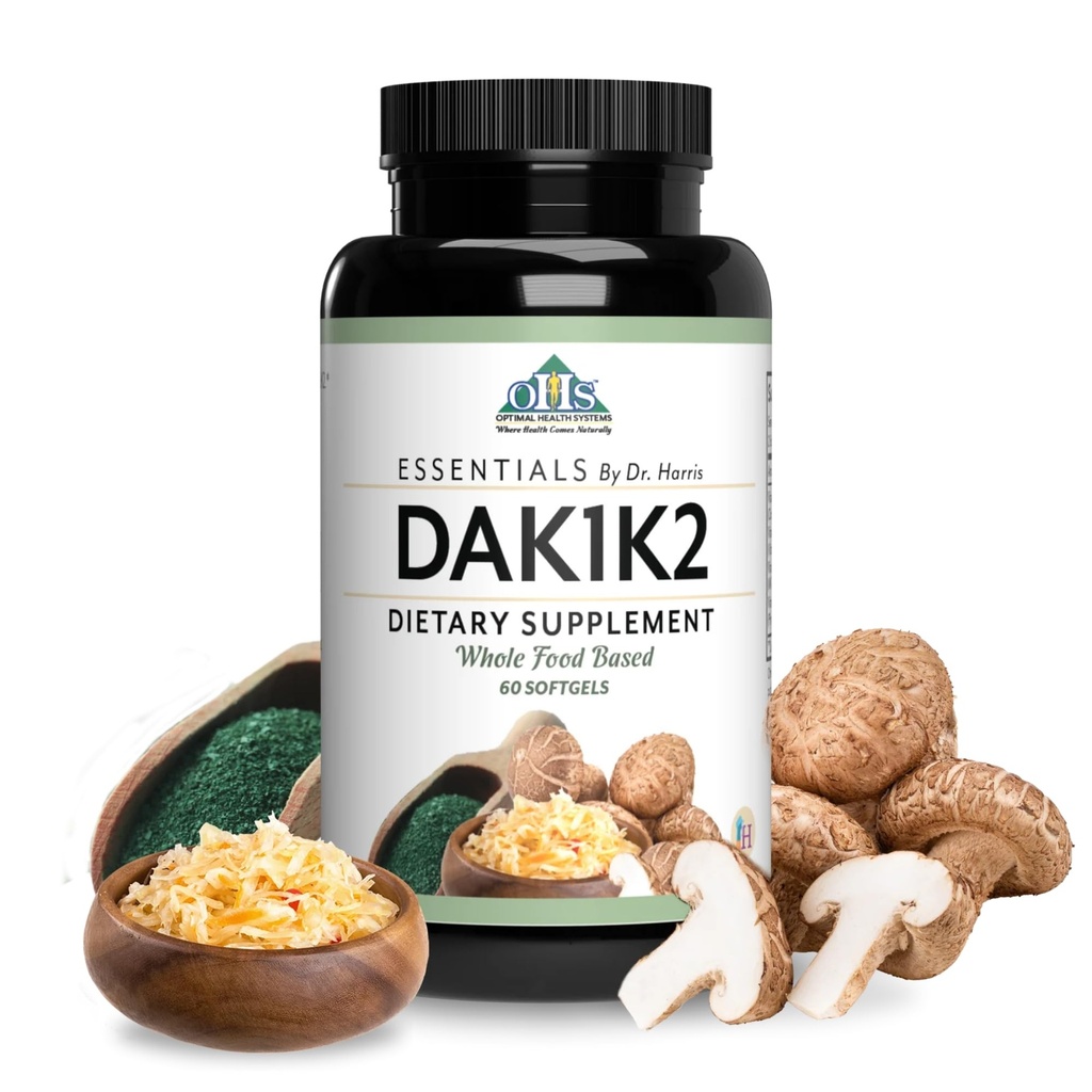 Optimaalsed tervishoiusüsteemid Essential DAK1K2 | Vitamiin D3 + A + K1 + K2 Immuunsüsteemi tugi, luude tervis ja südame tervis | Vitamiin D w/MK-7 | 5000 IU | (GMO-vaba, täistoit, gluteenivaba) 60 Softgels