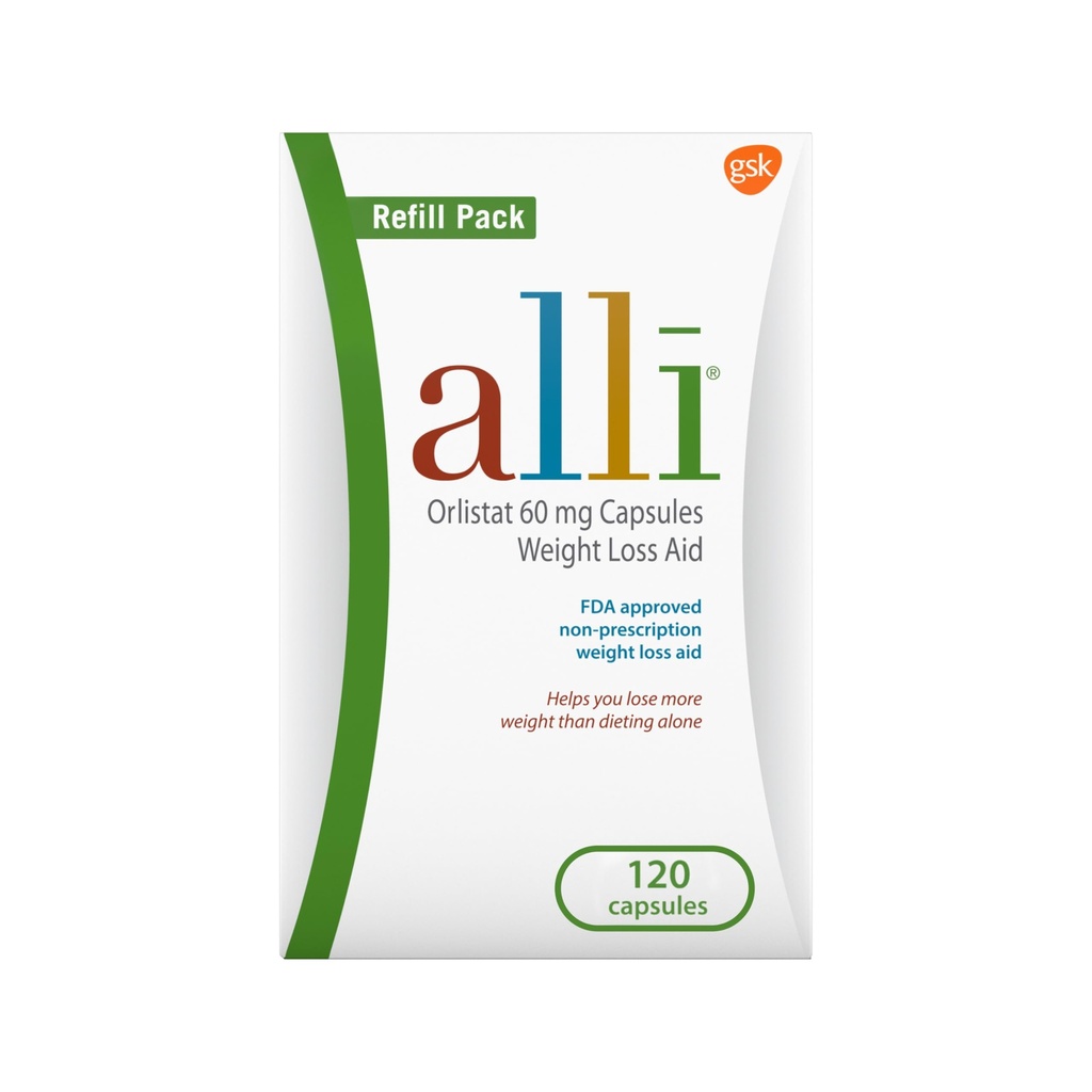Alli Kaalulangus Dieet pillid, Orlistat 60 mg kapslid, Non Rescription Kaalulangus Abi, 120 Count Refill Pack