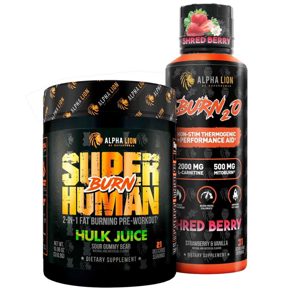 ALPHA LION kangekaelne rasva kadu Stack - Superhuman Burn Pre Workout + Burn2O Vedel L-karnitiin 2000mg (ShredBerry) - 2-in-1 Thermogenic Fat Burning Stack meestele ja naistele