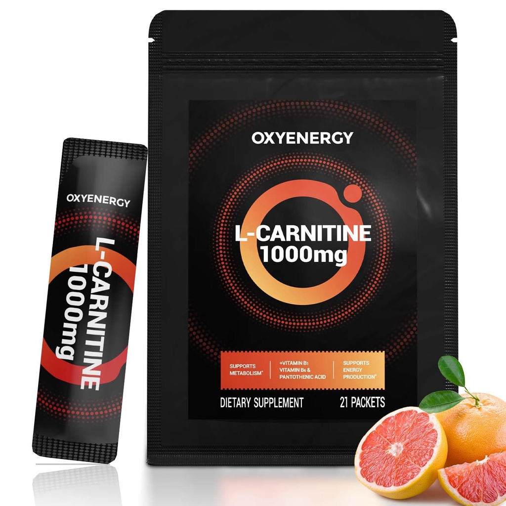 OxyEnergy Vedel L-karnitiini Täiendus 1000mg - õrn igapäevaseks kasutamiseks, nullkalor, suhkruvaba, rasvavaba põletamine ja vastupidavuse suurendaja, 21 On-the-Go individuaalsed vedelikupulgad
