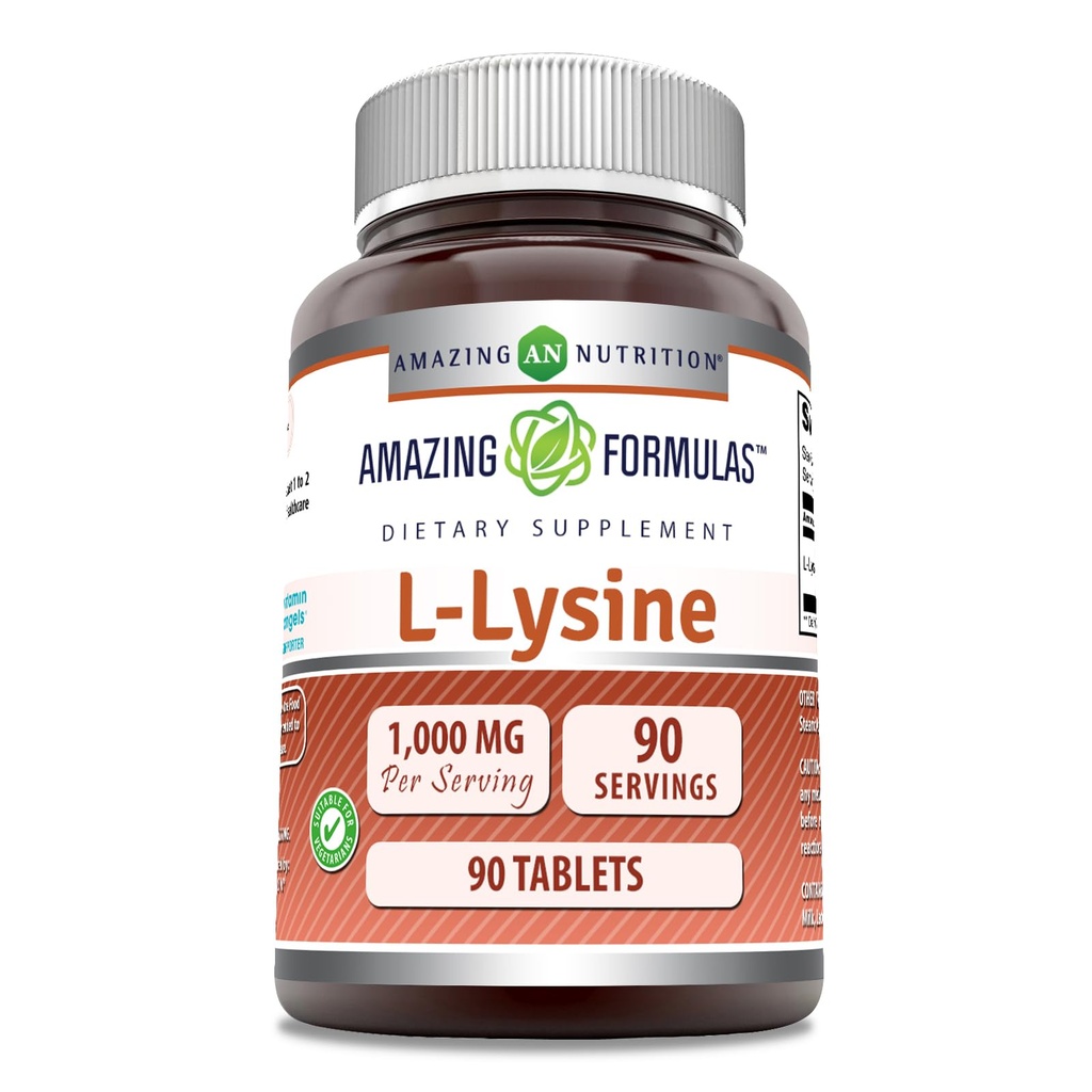 Amazing valemid L-Lysine 1000mg Aminohappe tabletid täiendada | Non-GMO | Gluteenivaba | Valmistatud USA (90 Count)