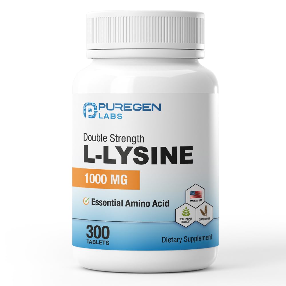 Puregen Labs L-Lysine Extra Tugevus 1000 MG tableti kohta - 300 Servings | Kõrge potentsi, immuunsuse ja kollageeni sünteesi tugi, mitte-GMO, NO gluteeni ja piima - 300 tabletti
