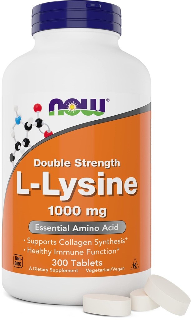 Now Foods L-Lysine 1000mg - Double Strength - 300 Tablets - Non-GMO Amino Acid Supplement (Llysine Hydrochloride) - 1000 mg Tabs - Vegan / Taimetoitlane