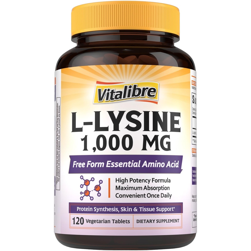 Vitalibre L- lüsiin 1000 mg , kõrge potentsiaaliga L- lüsiin HCl , vaba vormi oluline aminohape , valk ja kollageen süntees , immuunsuse tugi , maksimaalne imendumine , vegan , 120 tabletti