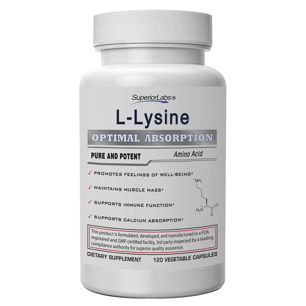 Superior Labs L- lüsiin 500 mg kapslid, puhas mitte-GMO, kolmanda osapoole testitud, ei täida, gluteenivaba, toetab immuunsüsteemi, soodustab kaltsiumi imendumist, 120 kapslit