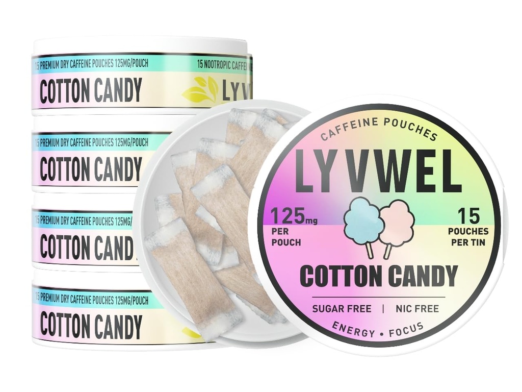 LyvWel 125mg Kofeiini energiakotid - puhas energia Guarana jaoks fookuse ja vastupidavuse jaoks - 5-pakk (75 kogu kotti) (5 pakendit, puuvillakompvekke)