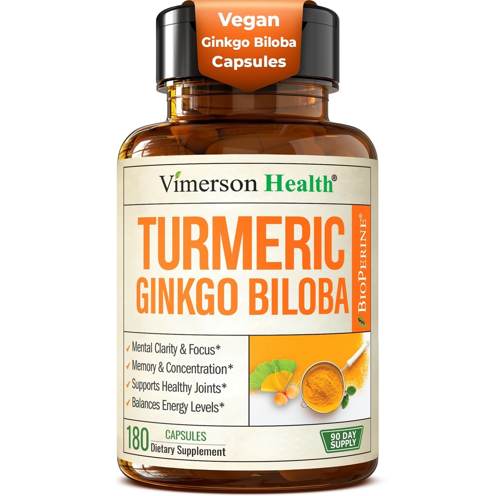 Ginkgo Biloba täiendus kurkumiini ja musta pipariga suure imendumise jaoks - Ginko Biloba kapslid kurkumiga fookuse, mälu toetamise, liigeste ja aju tervise jaoks - NonGMO - 180 vegankapslit