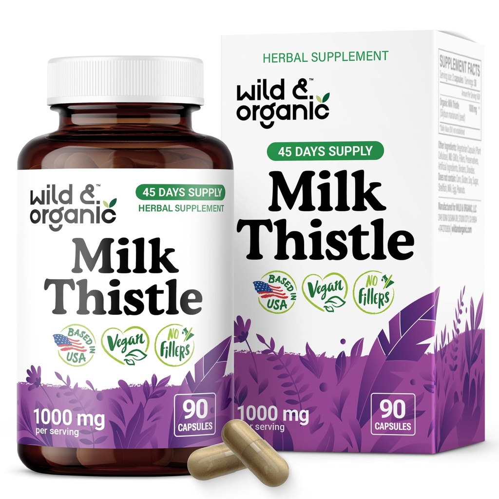 Wild & Organic Piimaohakapslid 1000mg - Maksa Detox Supplements - Silimariini Piimaohaka pulber maksa puhastamiseks - 90 Vegankapslit - 45-päevane pakkumine - Ei täida, Non-GMO