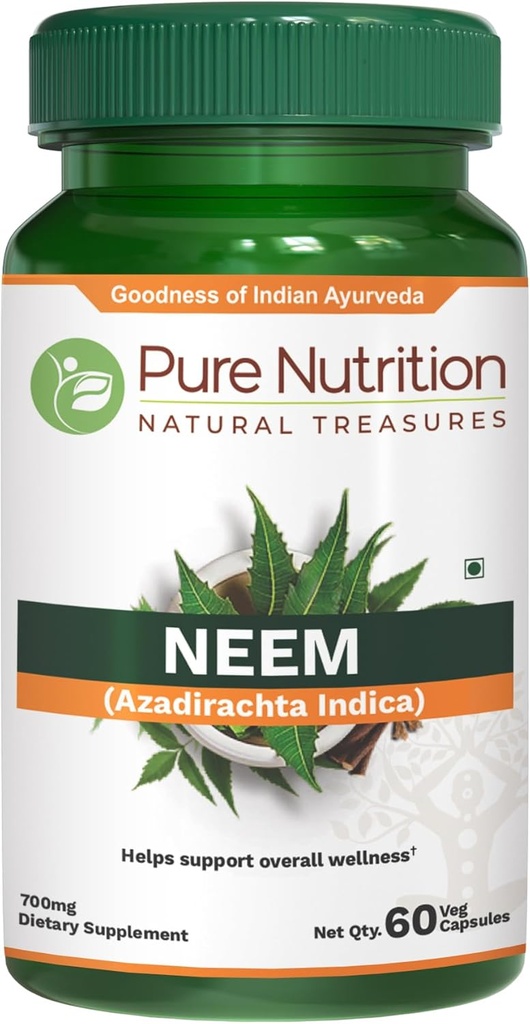 Puhas toitumine Neem kapslid 700mg (vastab 2600mg Neem Leaf Pulber ja koorepulber) Mitte GMO | Üks kord päevas | 60 päeva pakkumine.
