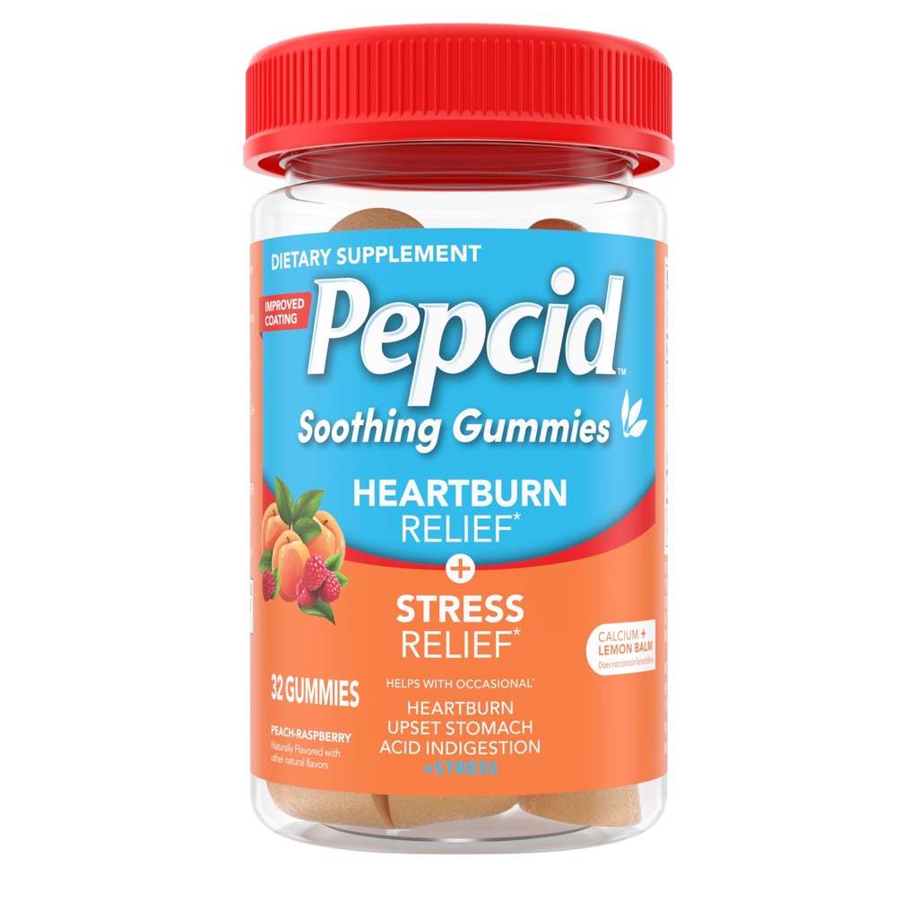 Pepcid rahustav Antacid Gummies, kõrvetised Relief + Stress Relief Juhuslik kõrvetised, Upset Magu ja happe seedimist, koos Sidrun Balm ekstrakt, trikaltsiumfosfaat, virsik-Raspberry, 32 ct