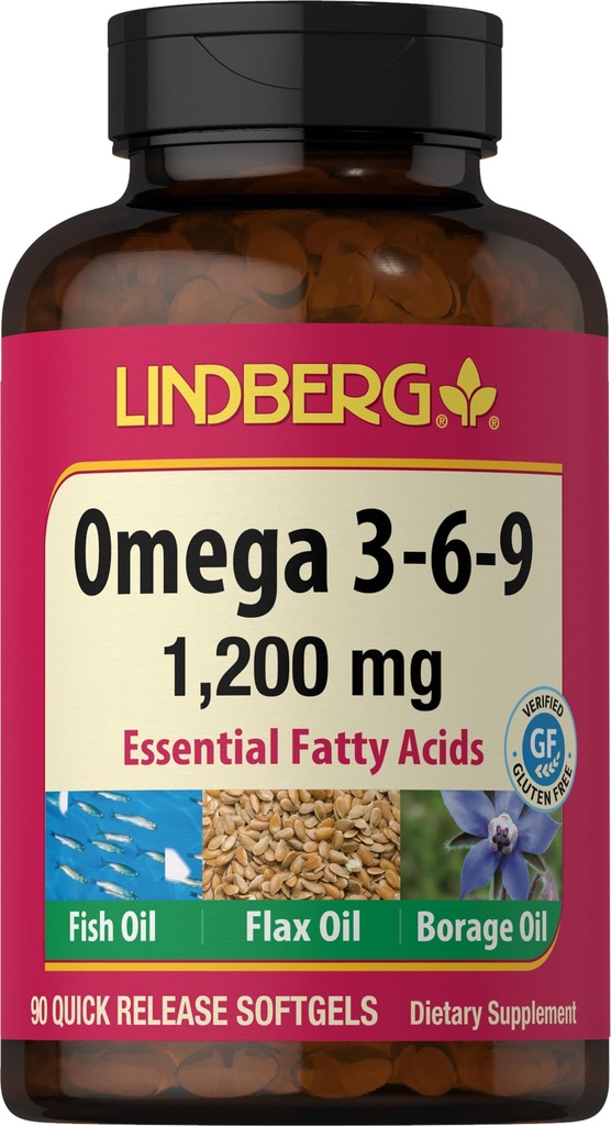 Lindberg Omega 3 6 9 Toidulisandid | 1200mg | 90 Softgels | Essential Rasvhapped | Kala, Lina ja Borage Oil | Mitte-GMO, Gluteenivaba